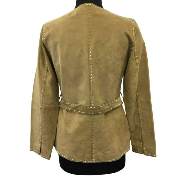 INC Coat M Brown Tan Genuine Leather Belted Boho Womens - Picture 2 of 12